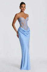 Light Blue Strapless Lace Sheer Corset Lace-Up Backless Draped Satin Mermaid Evening Gown