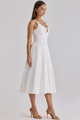 White Bow-Front Cinched-Waist Flared Midi Dress