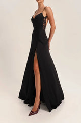 Spaghetti Strap V Neck Lace Trim Open Back High Slit Satin Maxi Slip Dress
