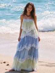 Gradient Green Blue Lace Crisscross Back Tiered Maxi Dress