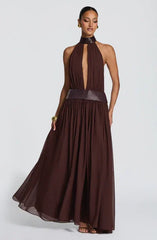 Women Halter Deep Keyhole Open Back Metallic Trim High Waist Chiffon Maxi Gown