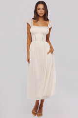 White Square Neck Lace Trim Back Bow Tie A-Line Midi Dress