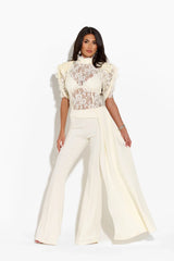 Lace High Neck Puff Sleeve Top & Draped Flared Pants Set
