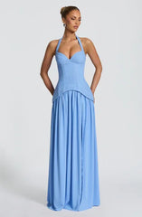 Light Blue / Wine Red Halter Lace Bustier Lace-Up Backless Waist Cinched Flared Evening Maxi Dress