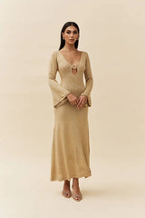 Khaki Metallic Cutout Flare Sleeve Open-Back Tie Knit Maxi Dress