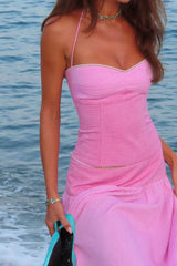 Bright Pink Pearl Trim Halter Top And Pleated Maxi Skirt Set