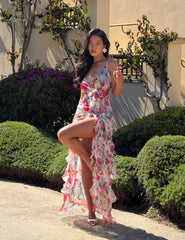 Women Thin Spaghetti Strap V Neck 3D Flower Ruffled High Slit Floral Print Chiffon High Low Maxi Dress
