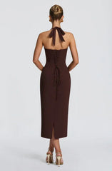 Dark Brown Halter Lace Bustier Lace-Up Backless Bodycon Midi Dress
