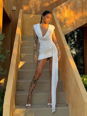 Cowl Neck Draped Sash Bodycon Mini Dress