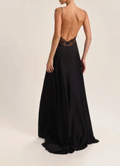 Spaghetti Strap V Neck Lace Trim Open Back High Slit Satin Maxi Slip Dress