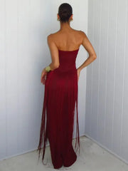 Burgundy Strapless Fringe Cut-Out Maxi Evening Gown