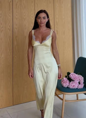 Satin Lace V-Neck Spaghetti Strap Long Nightgown