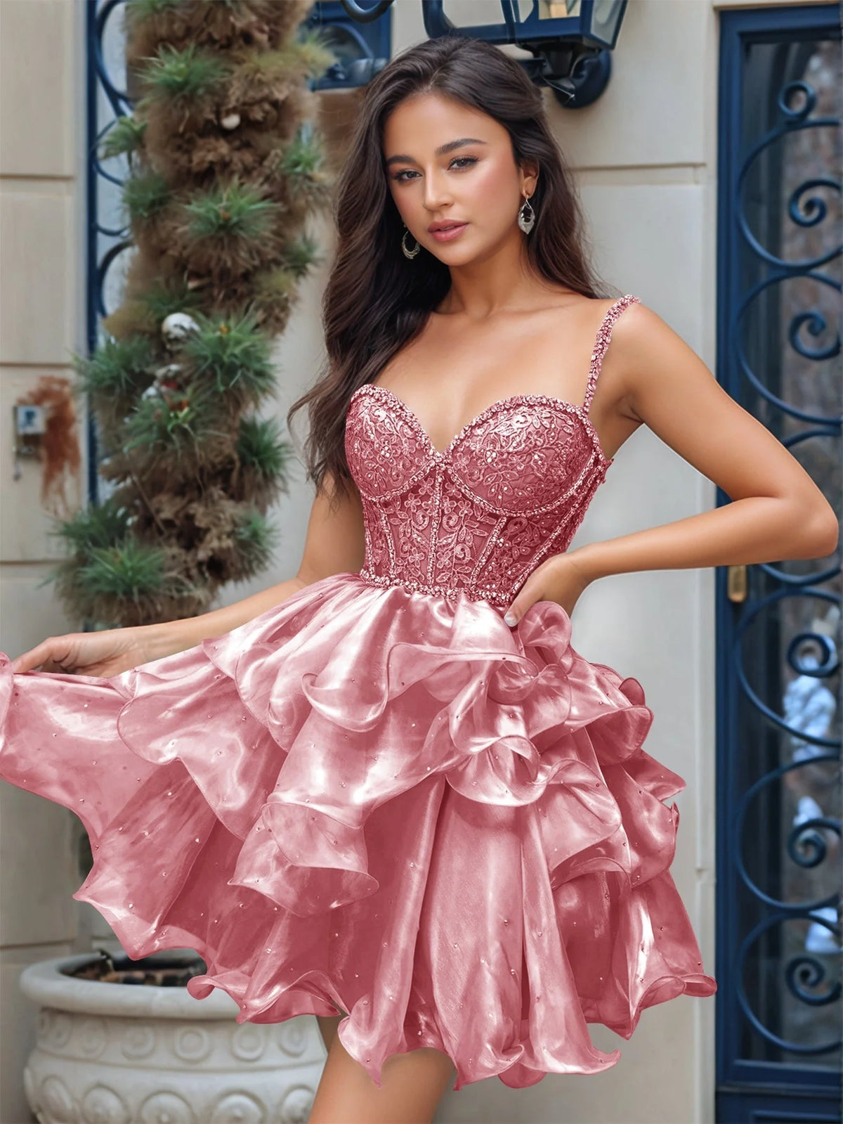 Crystal Boned Mini Ball Gown Prom Dress With Ruffle - Dusty Rose