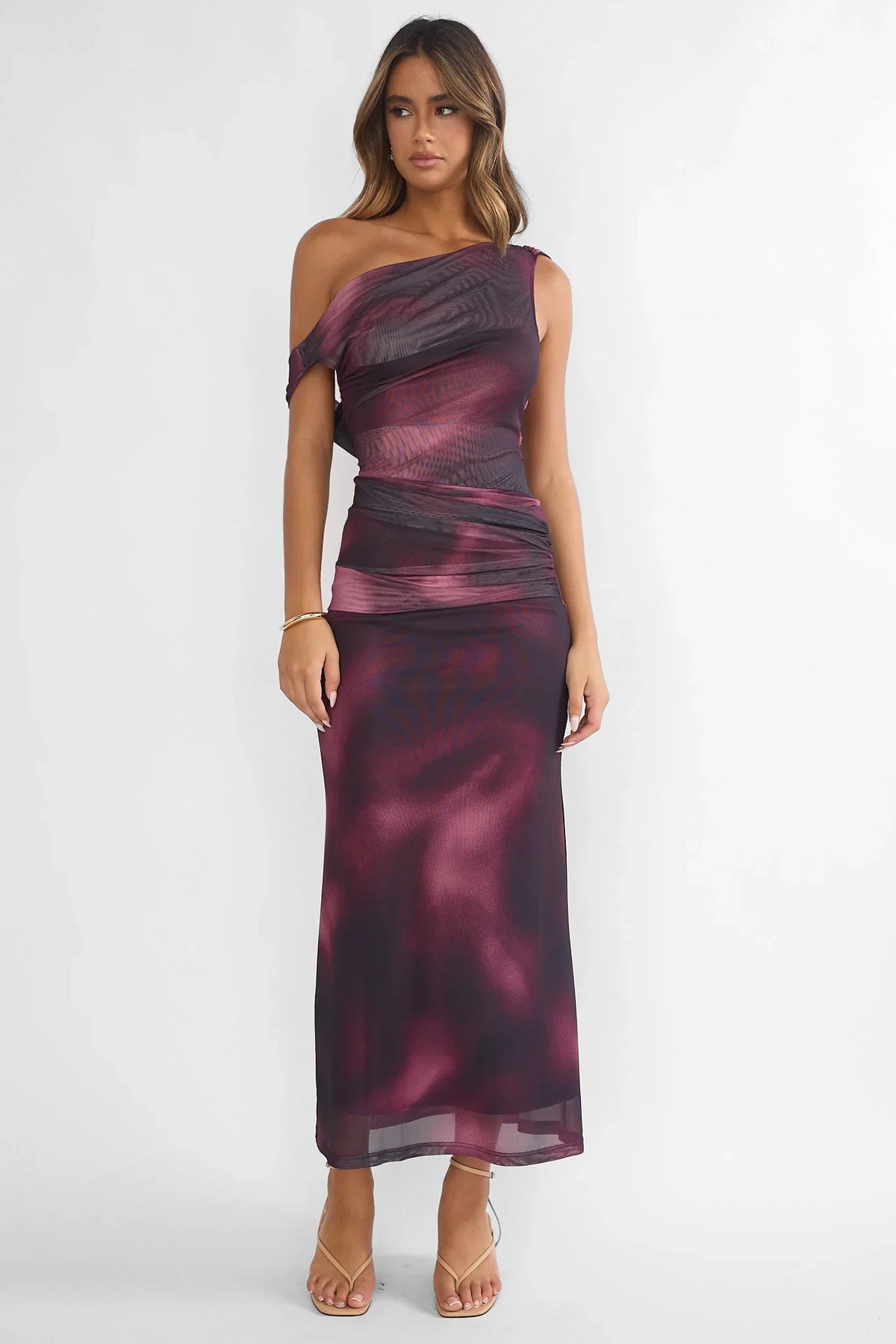 Saffra Shoulder Sash Ruched Maxi Dress Print Wine