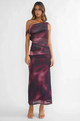 Saffra Shoulder Sash Ruched Maxi Dress Print Wine