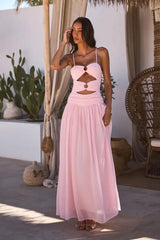 Pink Cutout Ring Ruched Cami Flowy Maxi Dress | Vacation Style Sexy Backless Beach Dress