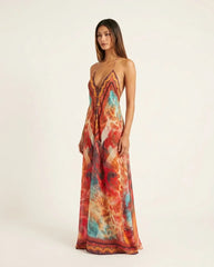 Tribal Print Halter Lace Trim Maxi Dress