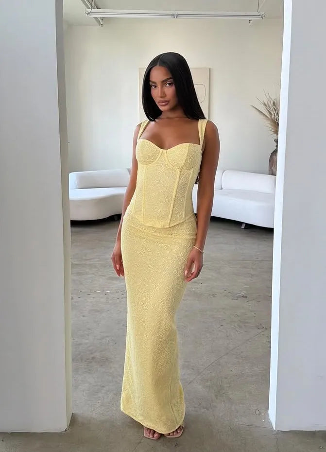 French Luxury Yellow Corset Lace Mermaid Maxi Two-Piece Set