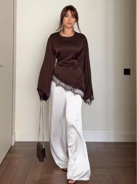 Satin Lace Trim Tie-Waist Flare Sleeve Top Collection