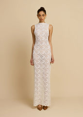 Sleeveless Crew Neck Lace Sheer Back Slit Maxi Evening Dress