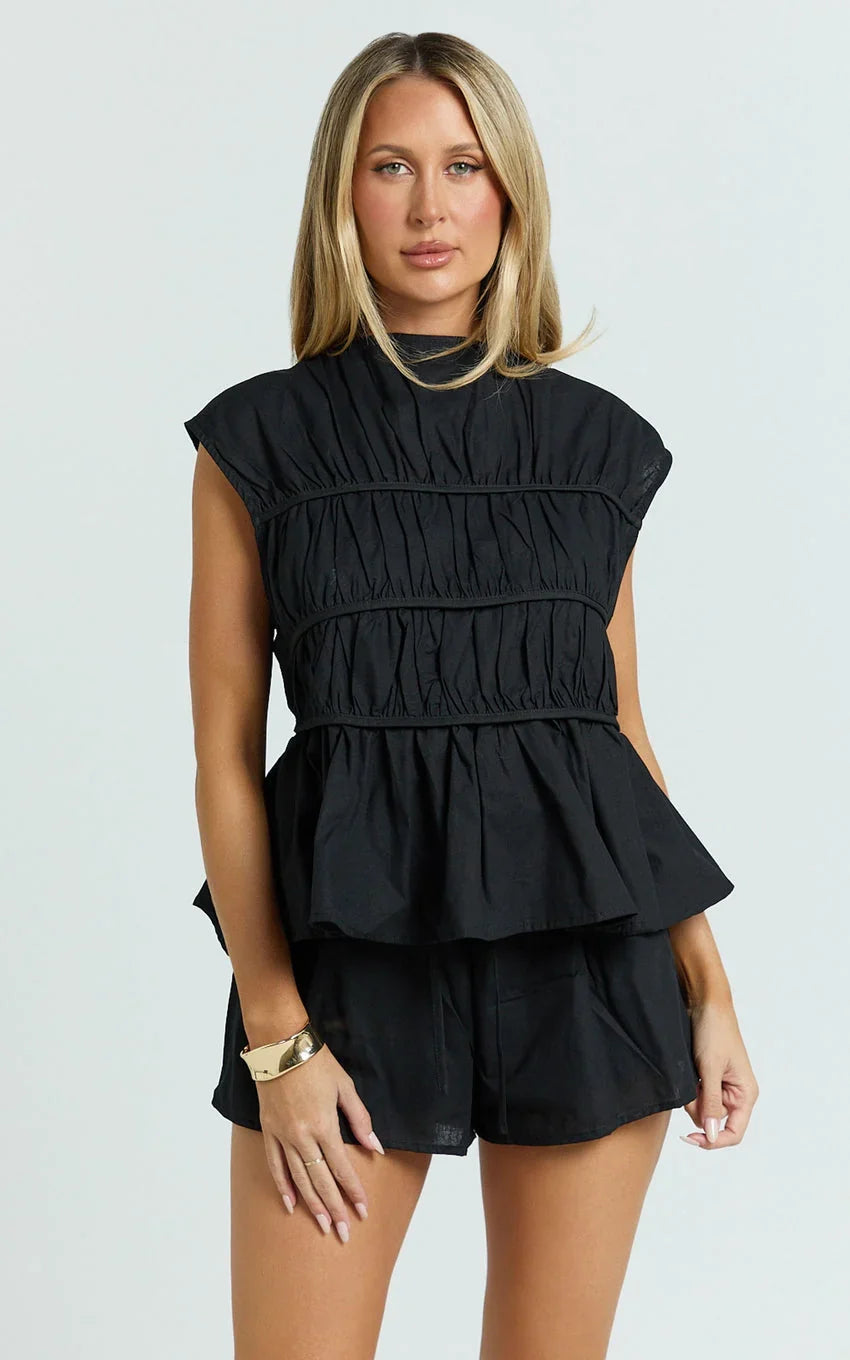 Alina Two Piece Set - Ruched Detail Top and Short Pants Set in Black