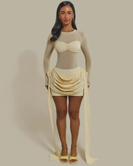 Y2K Mesh Sheer Long Sleeve Bodysuit + Draped Ruched Bodycon Mini Skirt Set