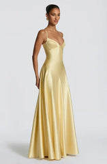 Yellow Satin V-Neck Spaghetti Strap Lace-Up Back A-Line Evening Gown
