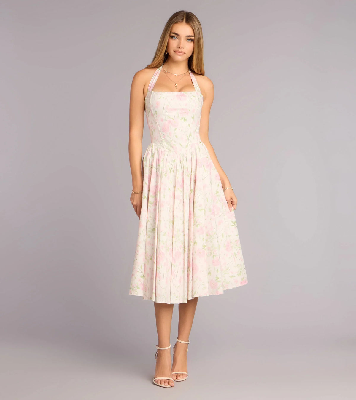 Pink & White Halter Floral Waist-Cinching Tie-Back Midi Dress