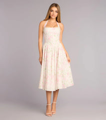 Pink & White Halter Floral Waist-Cinching Tie-Back Midi Dress