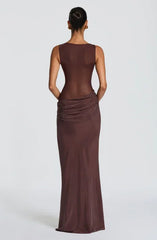 Dark Brown Sleeveless Sheer Mesh Waist Ruched Bodycon Mermaid Evening Maxi Dress