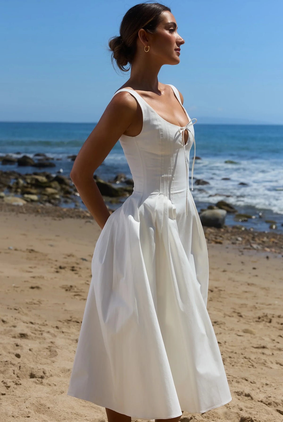 White Bow-Front Cinched-Waist Flared Midi Dress