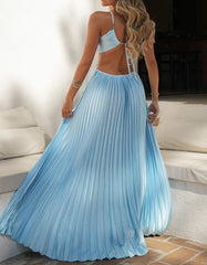 Criss Cross Spaghetti Strap Cutout Open Back Solid Pleated Satin Maxi Dress