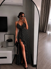 Polka Dot Halter Ruffled Cut-Out High-Slit Maxi Dress