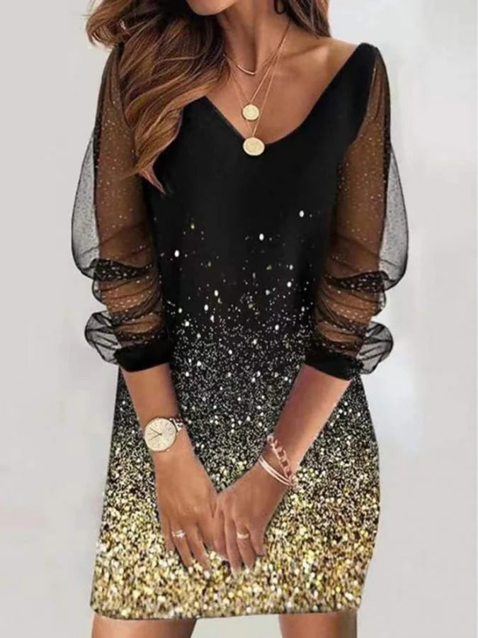 Women's Fashion Mesh Printed V-Neck Dresses
