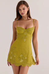 Mustard Yellow Lace Beaded Bustier Cami Mini Dress