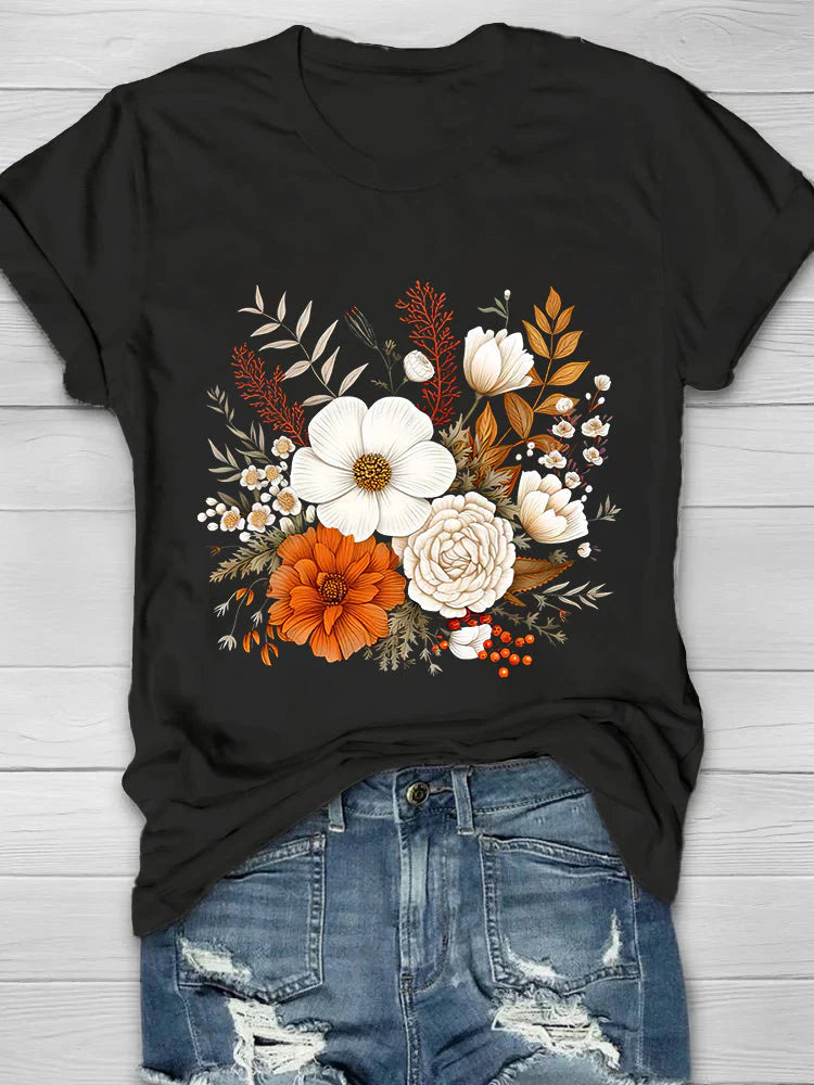 Vintage Floral Printed Women's Crew Neck T-shirt