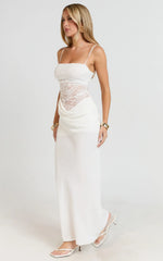 Lace Panel Draped Satin Maxi Dress