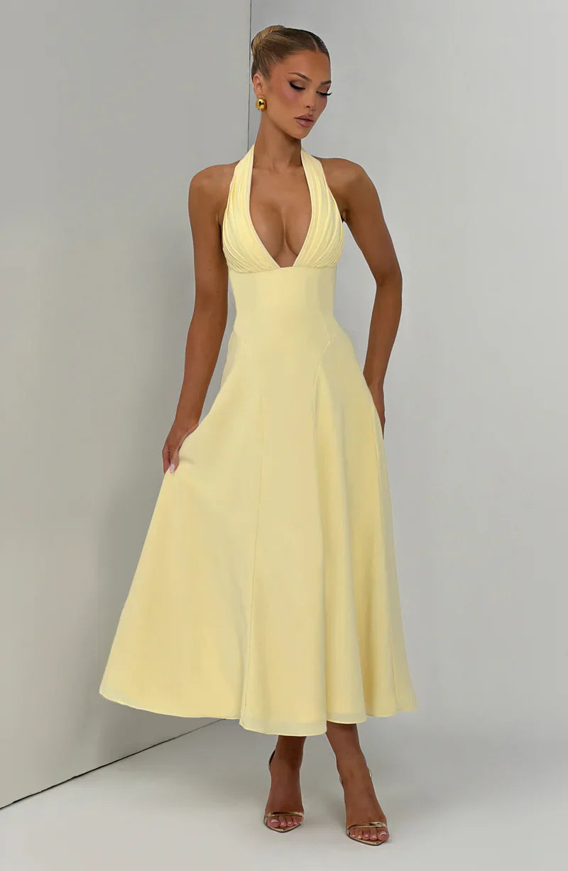 Halter Deep V-Neck Ruched A-Line Midi Dress