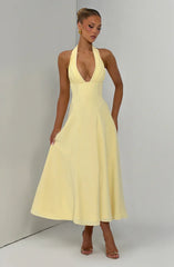 Halter Deep V-Neck Ruched A-Line Midi Dress