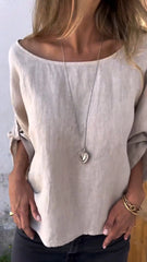 Cotton and Linen Mid-sleeve Crew Neck Shirt