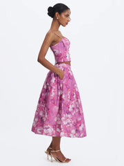 Pink Watercolor Floral Print Cami Crop Top & Midi Skirt Two-Piece Set