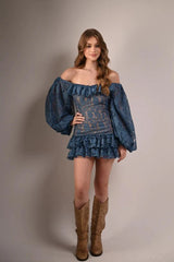 Off-Shoulder Lace Balloon Sleeve Ruffle Mini Dress