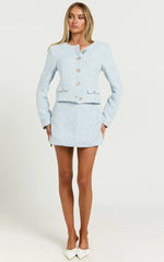 Olympia Jacket - Boucle Scoop Neck Button Down Long Sleeve Jacket in Pale Blue