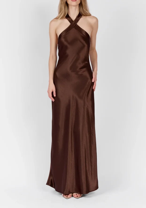 Cross Halter Open Back Tie Back Solid Satin Maxi Slip Dress