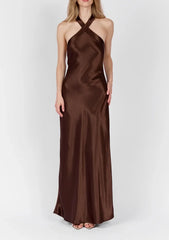 Cross Halter Open Back Tie Back Solid Satin Maxi Slip Dress
