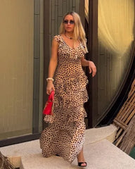 Wild Animal Print V-Neck Ruffle Split Maxi Dress