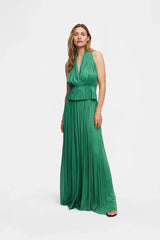 Pleated Halter V-Neck Wide-Leg Jumpsuit