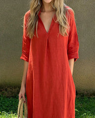 Casual Solid Color V-Neck Loose Cotton Linen Dress