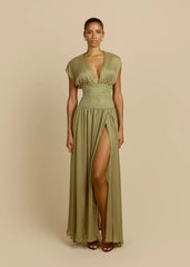 Deep V Lace Waistband Slit Maxi Chiffon Evening Dress