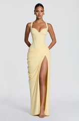 Corset Bodice High Slit Draped Gown